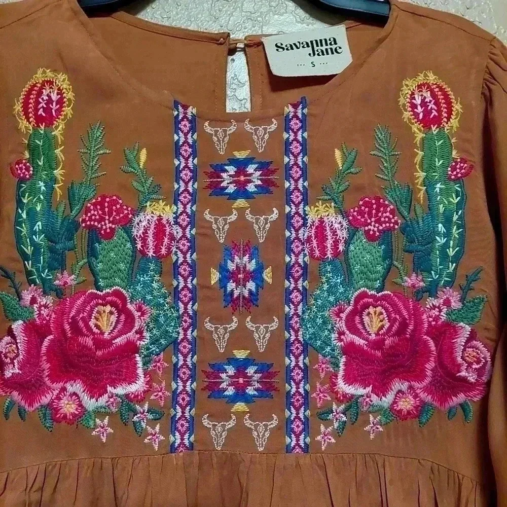 Savanna Jane Blouse Womens Size S Yellow Peasant Embroidered Floral Boho Shirt - Picture 2 of 7